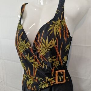 Beach Bay Tropical V-Neck Wrap Style Bamboo Buckle One Piece Size 14